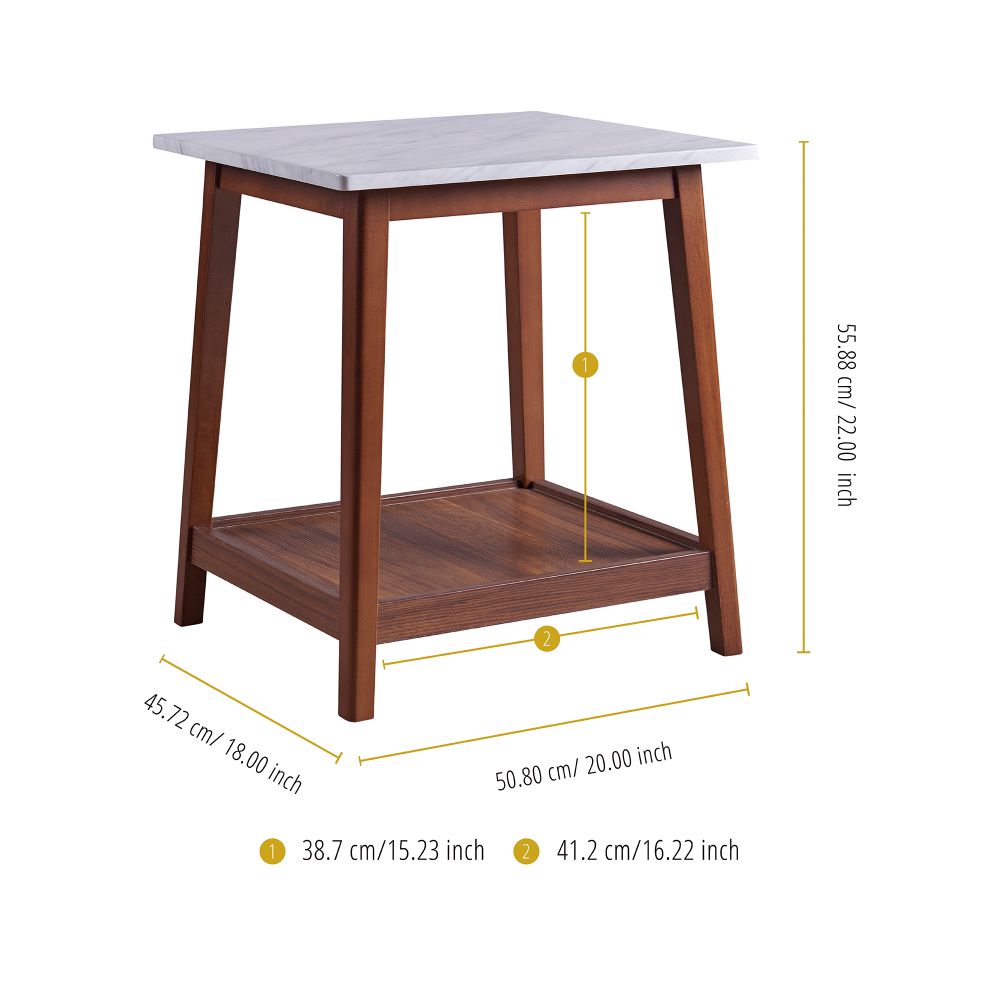 Wooden Side Table with Marble Effect Top & Shelf, Coffee End Table