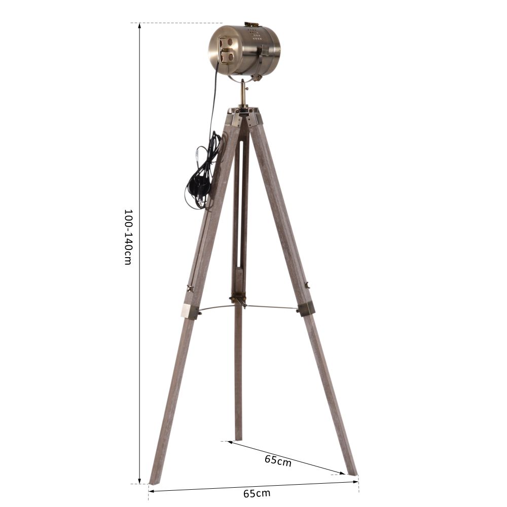 Vintage Tripod Floor Lamp Spotlight Searchlight Height Adjustable Copper Finish