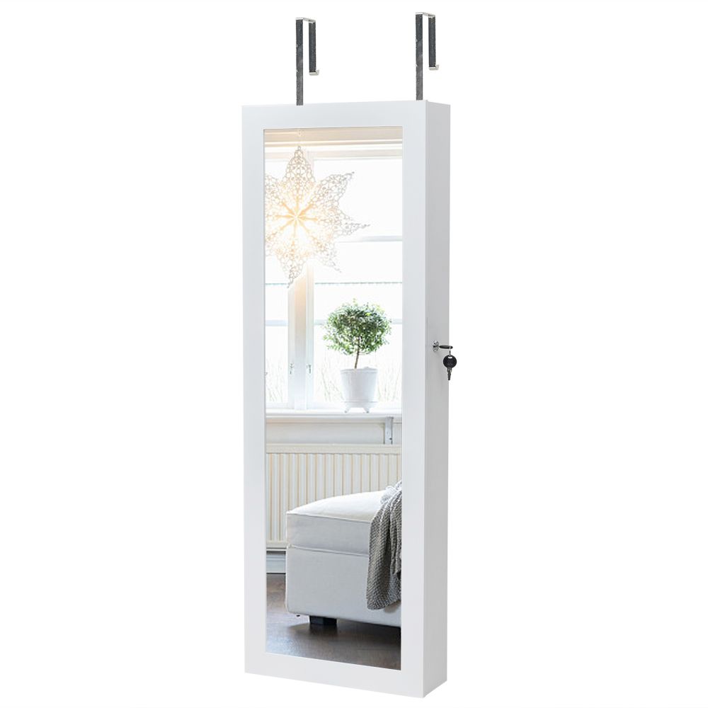 Non Full Mirror Wooden Wall Hanging 3-Layer Shelf, 2 Drawers, 17 Cosmetic Brush Holders, 95 White LED Lights With Interior Mirror, Jewelry Storage Mirror Cabinet - White