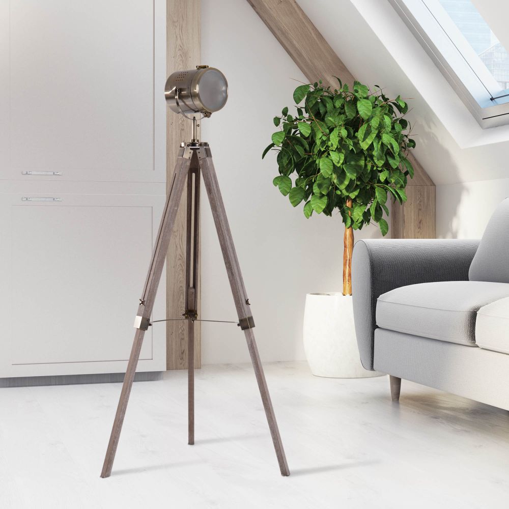 Vintage Tripod Floor Lamp Spotlight Searchlight Height Adjustable Copper Finish