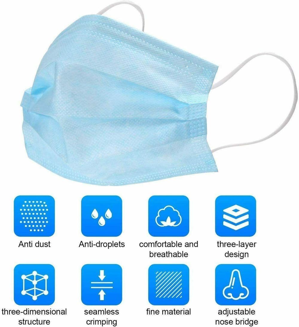 50Pk Disposable Face Mask  3 Layer Breathable & Comfortable Filter Safety Mask