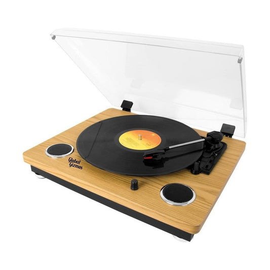 Global Gizmos Wooden Bluetooth Turntable with­ Built-In Speakers and MP3 Transfer