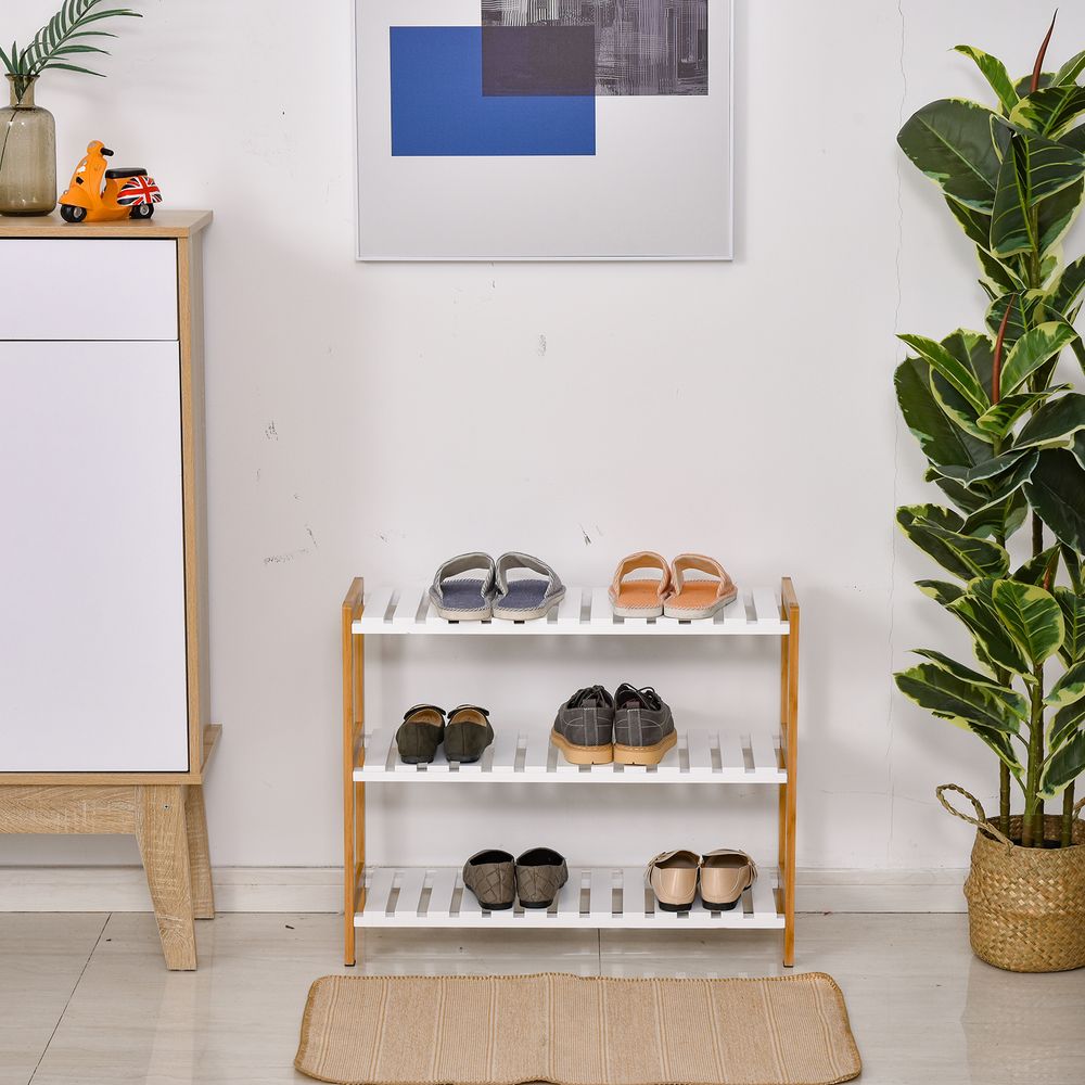 3-Tier Shoe Rack Wood Frame Slatted Shelves Storage 70L x 26W x57.5H cm