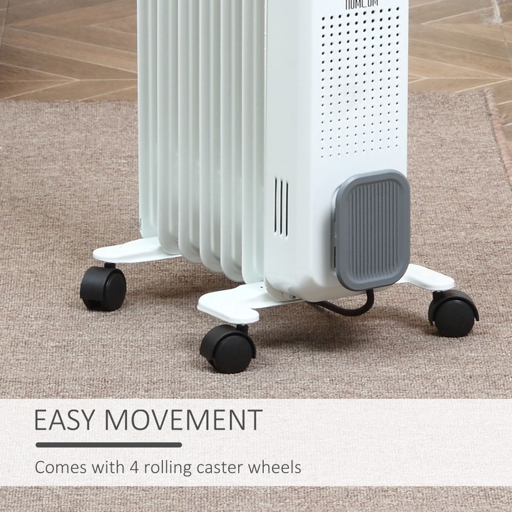 Oil Filled Radiator 7 Fin Portable Heater w, Wheels and 3 Heat Settings, White
