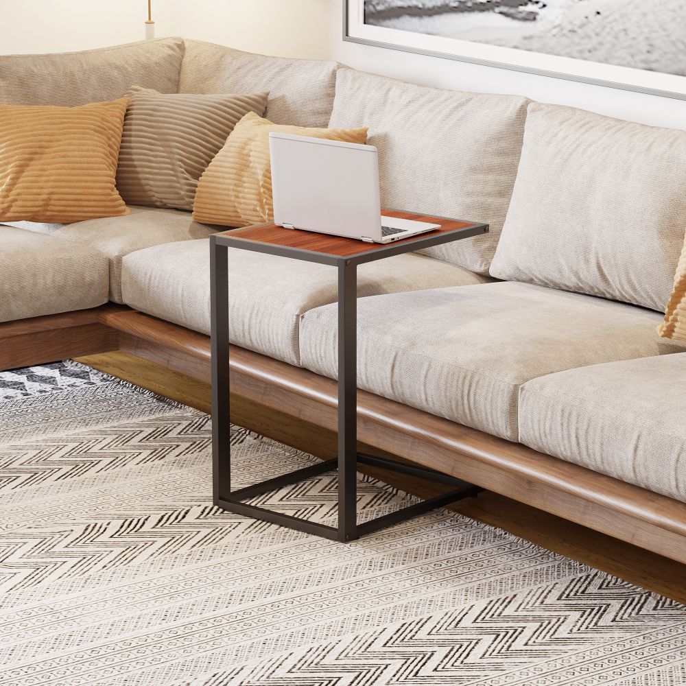 Industrial C-Shape Side Table w, Steel Frame Wide Base Foot Pads Walnut