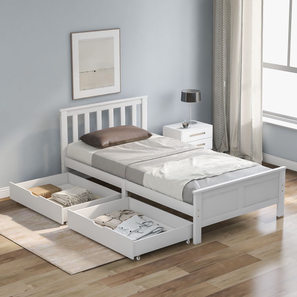 Wooden Solid White Pine Storage Bed with Drawers Bed Furniture Frame