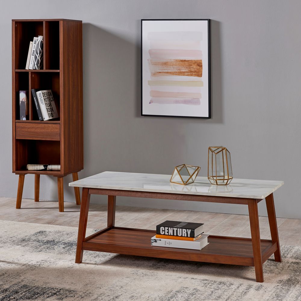 Wooden Coffee Table Faux Marble Finish Modern Design TV Unit