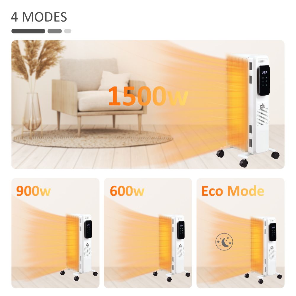 1630W Oil Filled Radiator, 7 Fin Portable Heater w, Timer Remote Control White