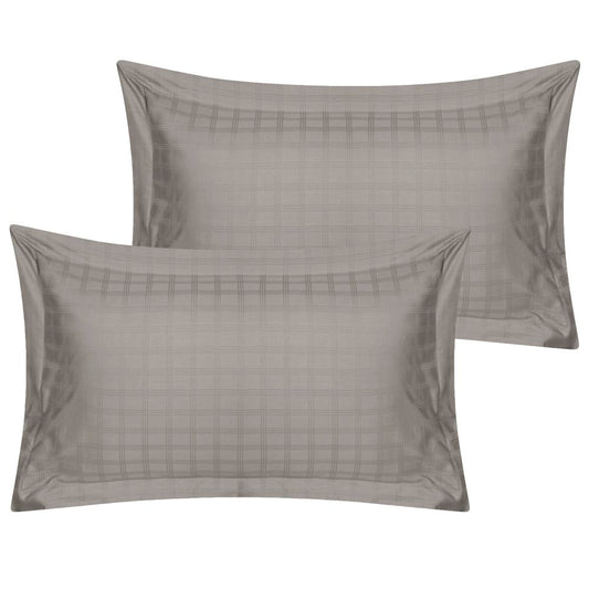400TC - 100% Cotton Satin Stripe Check Pillowcase Pair Silver Grey
