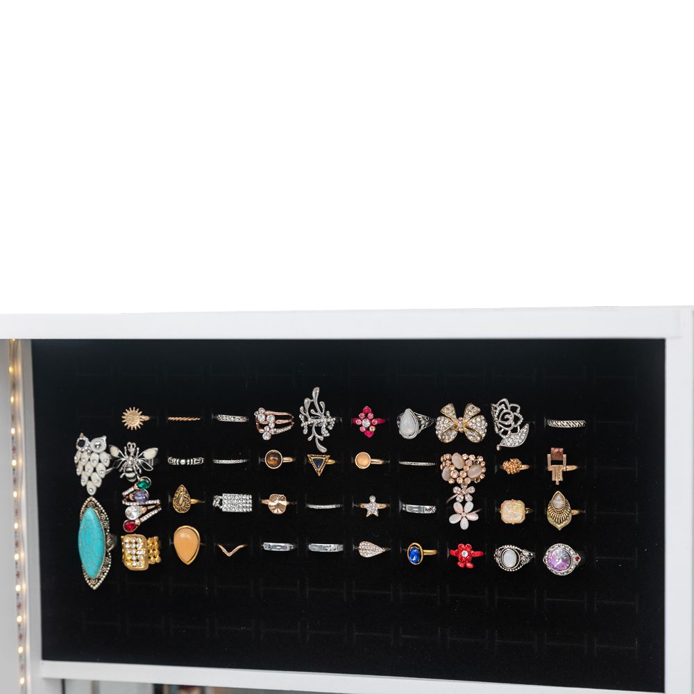 Non Full Mirror Wooden Wall Hanging 3-Layer Shelf, 2 Drawers, 17 Cosmetic Brush Holders, 95 White LED Lights With Interior Mirror, Jewelry Storage Mirror Cabinet - White