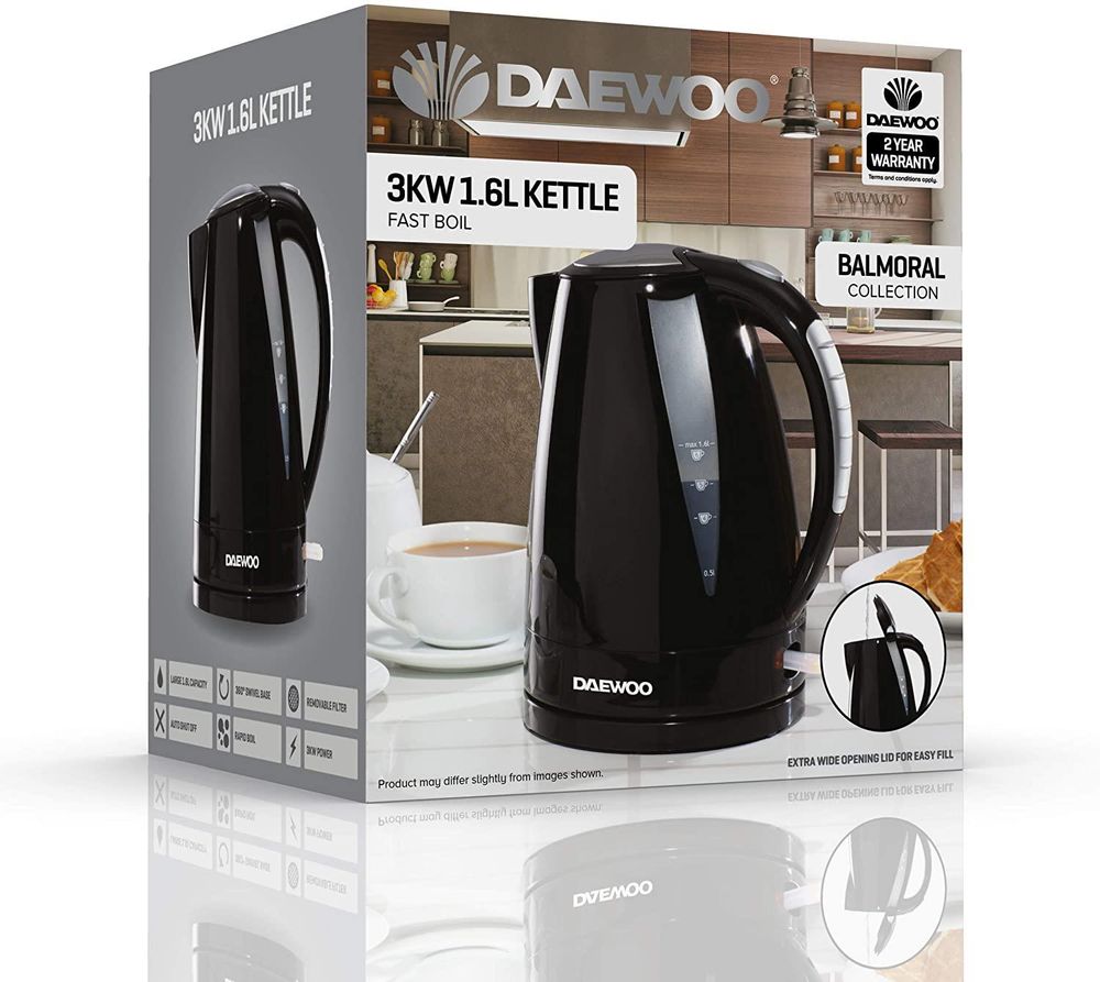 Daewoo Balmoral 1.6L Plastic Kettle (220-240V/50-60Hz/2520-3000W) with Removable & Washable Limescale Filter and 360 Rotation Base, Locking Lid with Auto & Manual Switch Off and LED Indicator - Black
