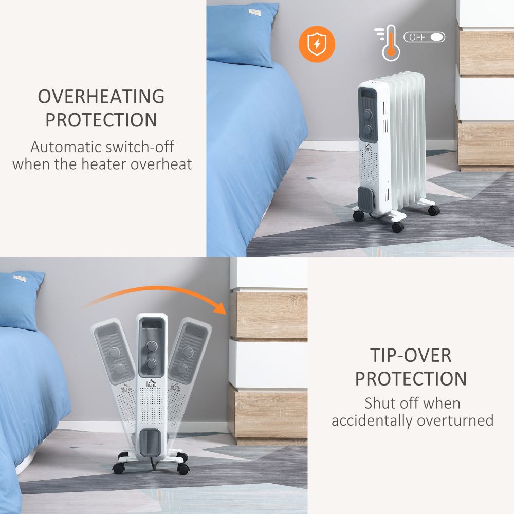 Oil Filled Radiator 7 Fin Portable Heater w, Wheels and 3 Heat Settings, White