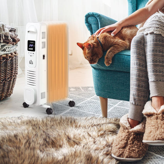 1630W Oil Filled Radiator, 7 Fin Portable Heater w, Timer Remote Control White