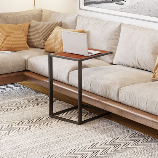 Industrial C-Shape Side Table w, Steel Frame Wide Base Foot Pads Walnut