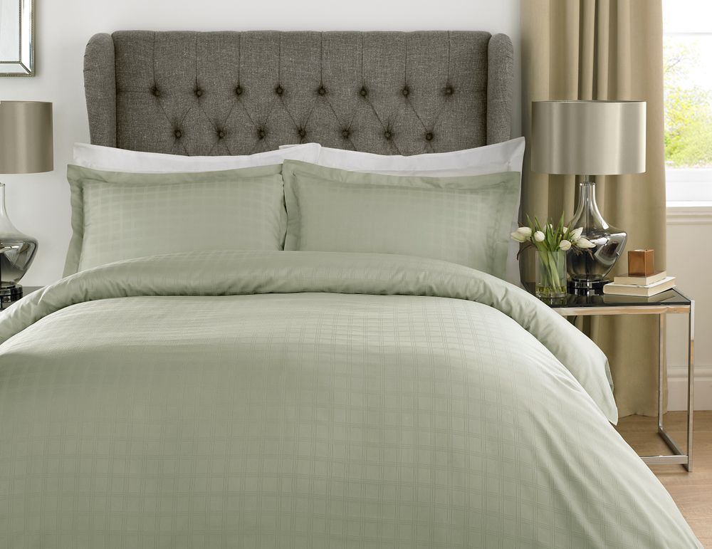 400TC - 100% Cotton Satin Stripe Check Duvet Set Green