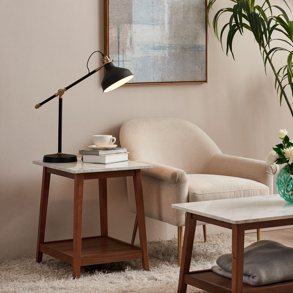 Wooden Side Table with Marble Effect Top & Shelf, Coffee End Table
