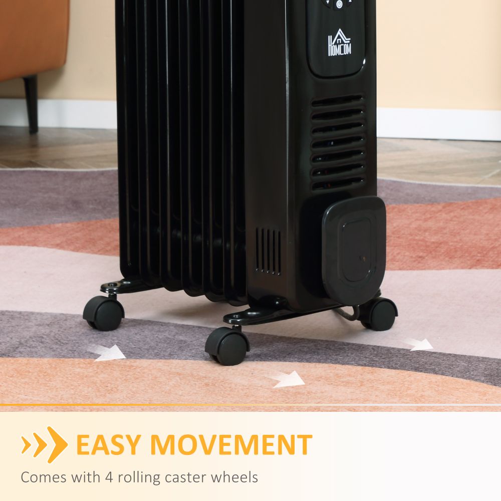1630W Oil Filled Radiator, 7 Fin Portable Heater w, Timer Remote Control Black