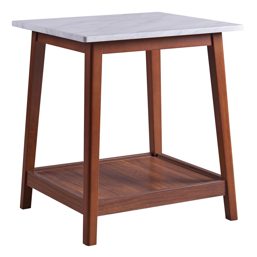 Wooden Side Table with Marble Effect Top & Shelf, Coffee End Table