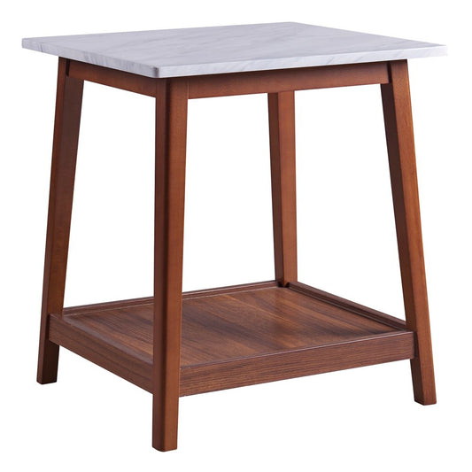 Wooden Side Table with Marble Effect Top & Shelf, Coffee End Table