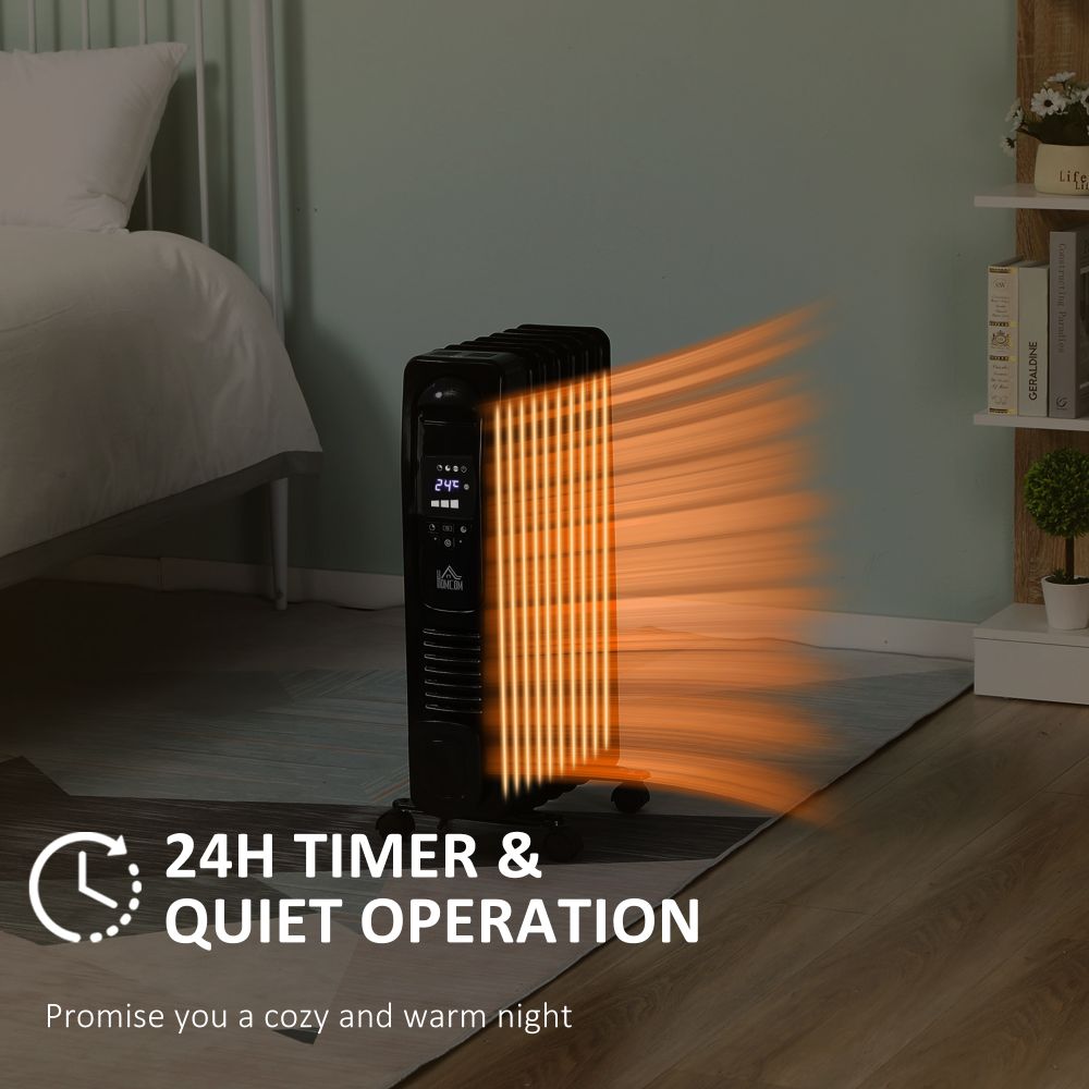 1630W Oil Filled Radiator, 7 Fin Portable Heater w, Timer Remote Control Black
