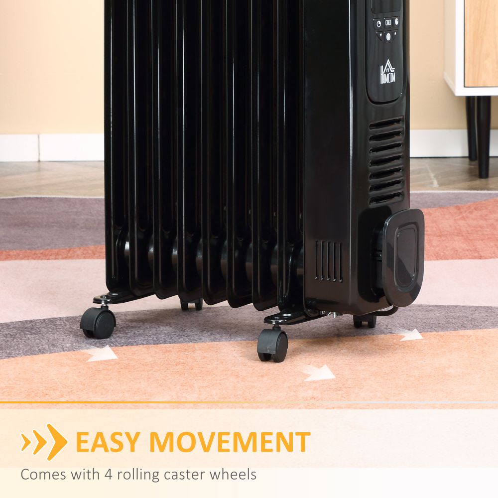 2180W Oil Filled Radiator, 9 Fin Portable Heater w, Timer Remote Control Black