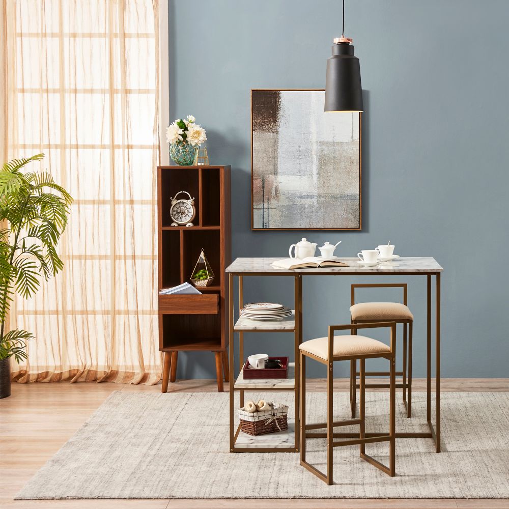 Breakfast Dining Set, Bar Table & 2 Padded Stool Chairs & Storage
