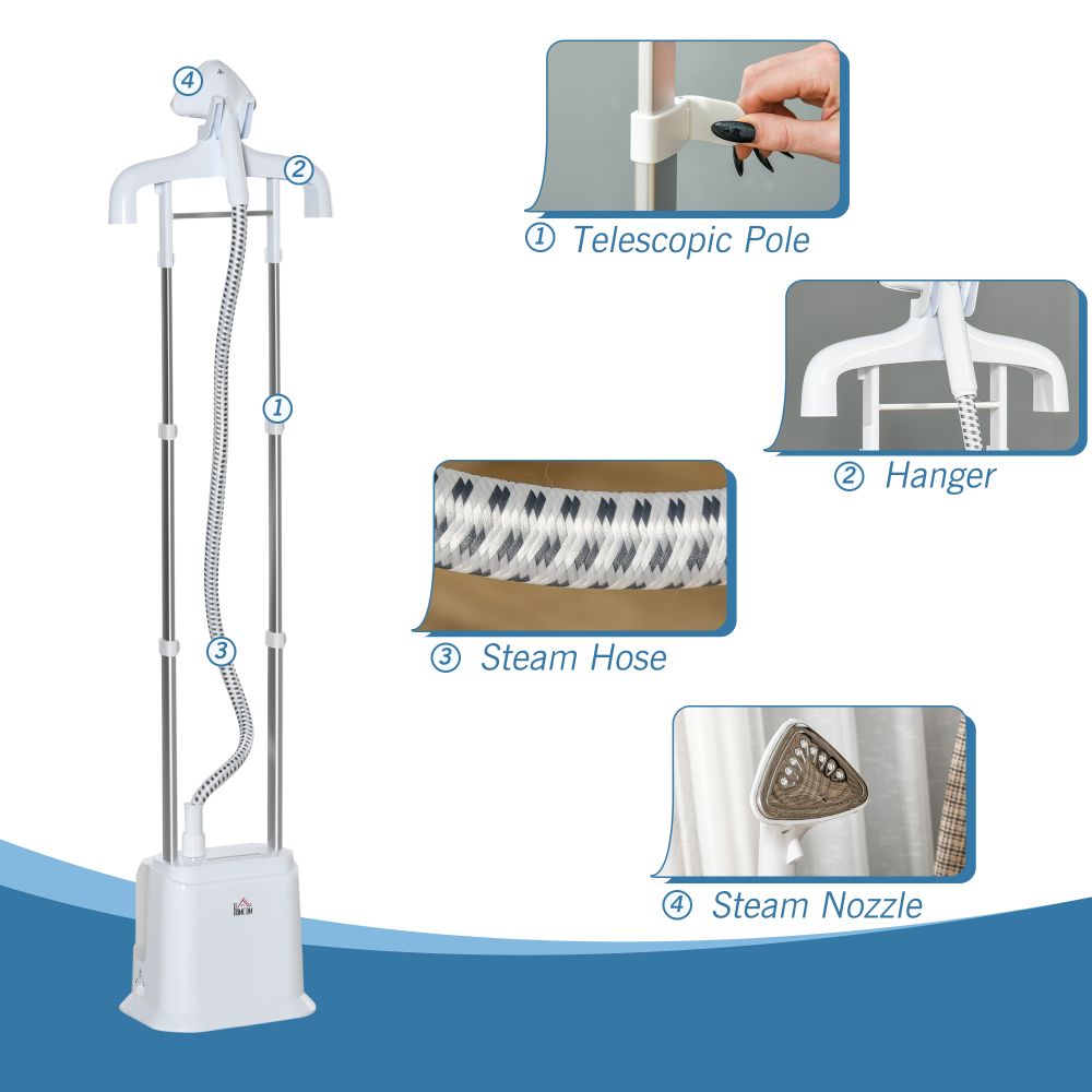 Upright Garment Clothes Steamer with 6 Steam Setting and 1.7L Water Tank White