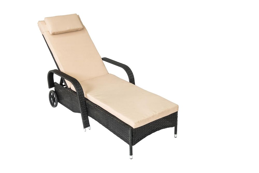 Outdoor Wheeling Adjustable Rattan Sunlounger Reclining Outdoor Sunbed Cushioned- 1 pcs Black