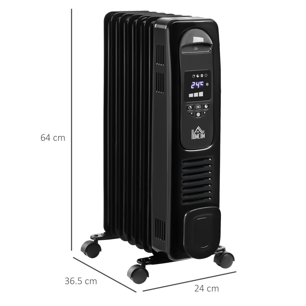 1630W Oil Filled Radiator, 7 Fin Portable Heater w, Timer Remote Control Black