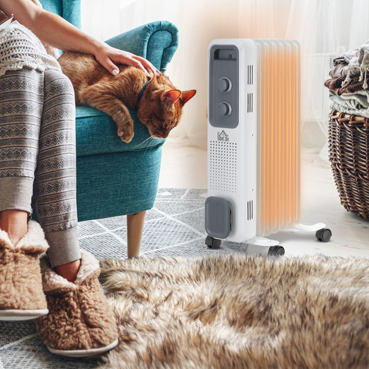 Oil Filled Radiator 7 Fin Portable Heater w, Wheels and 3 Heat Settings, White