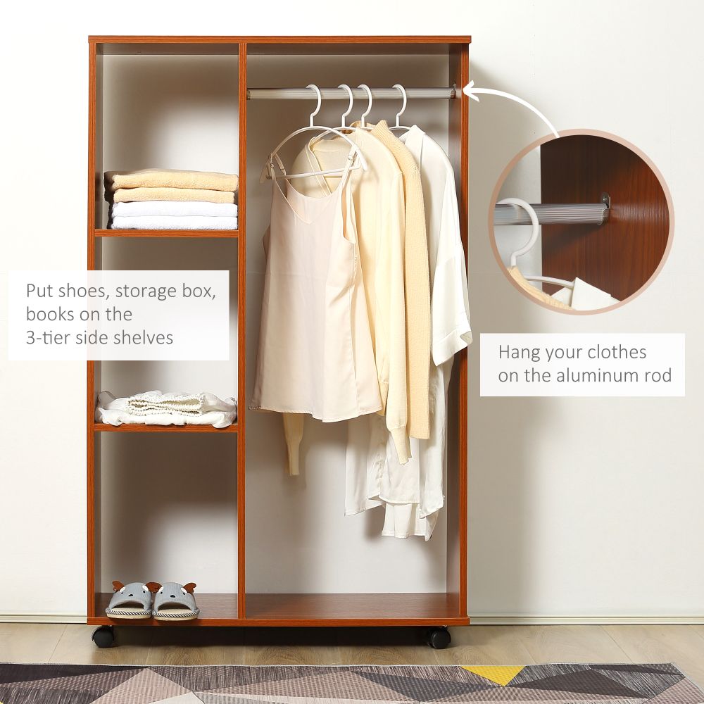 Single Mobile Open Wardrobe Storage Shelves Organizer With Clothes Hanging Rail