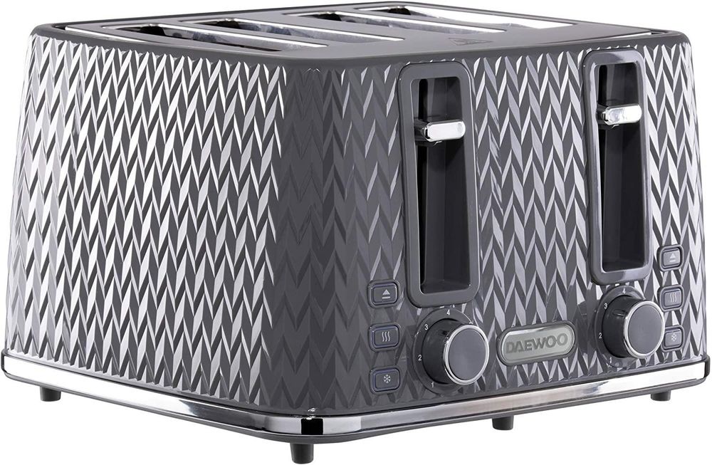 Daewoo SDA1865 Argyle Patterned Reheat, Defrost & Cancel Controls and Electronic Browning Feature, Removable Crumb Tray and Anti-Jam Function, 220-240V/50-60Hz, Grey 4 Slice Toaster