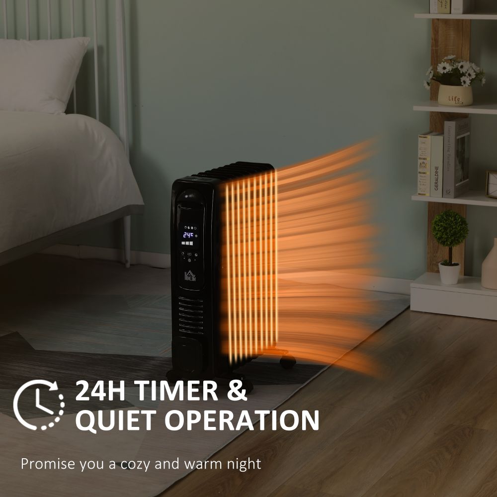 2180W Oil Filled Radiator, 9 Fin Portable Heater w, Timer Remote Control Black