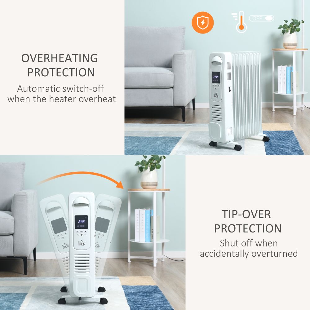 2180W Oil Filled Radiator, 9 Fin Portable Heater w, Timer Remote Control White