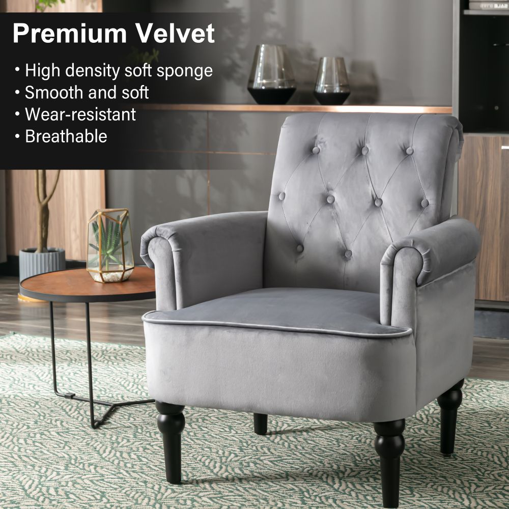 Accent Chair Tufted Button with Arms Upholstered Velvet Chair & Solid Wood Legs