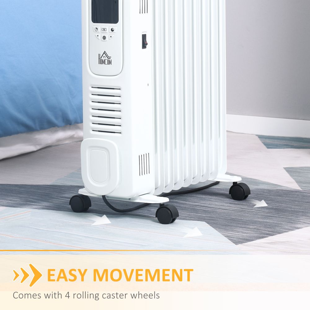2180W Oil Filled Radiator, 9 Fin Portable Heater w, Timer Remote Control White