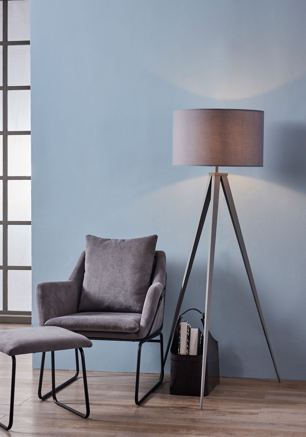 Romanza Tripod Standing Floor Lamp & Shade, Modern Lighting, Grey