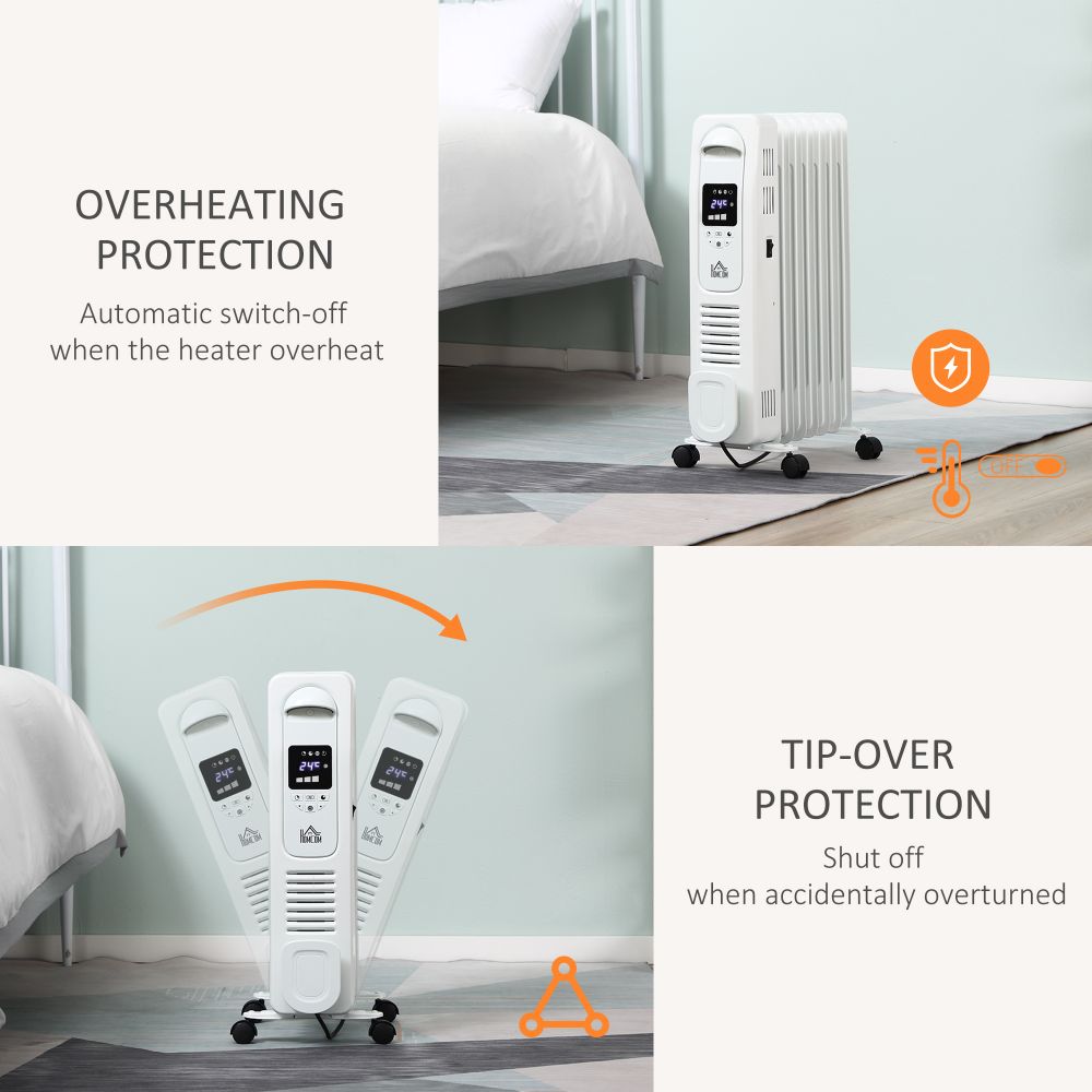 1630W Oil Filled Radiator, 7 Fin Portable Heater w, Timer Remote Control White