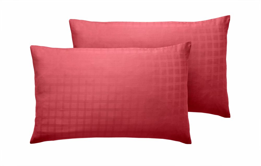 400TC - 100% Cotton Satin Stripe Check Pillowcase Pair Red