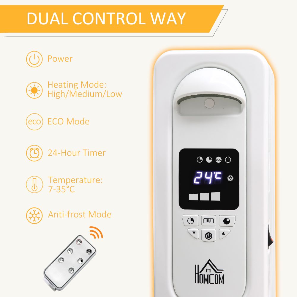 1630W Oil Filled Radiator, 7 Fin Portable Heater w, Timer Remote Control White