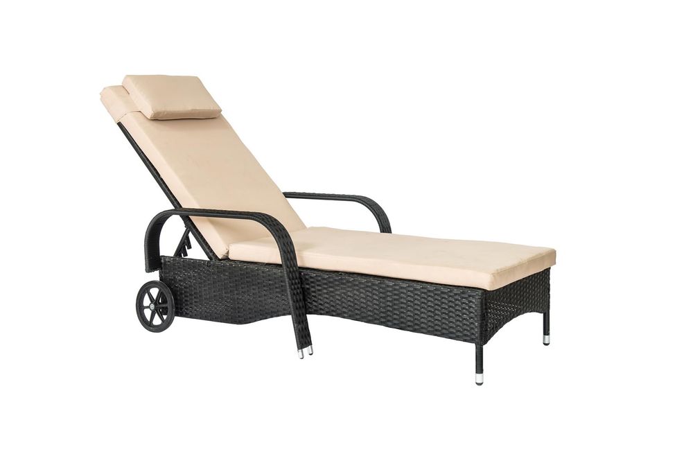 Outdoor Wheeling Adjustable Rattan Sunlounger Reclining Outdoor Sunbed Cushioned- 1 pcs Black