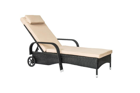 Outdoor Wheeling Adjustable Rattan Sunlounger Reclining Outdoor Sunbed Cushioned- 1 pcs Black