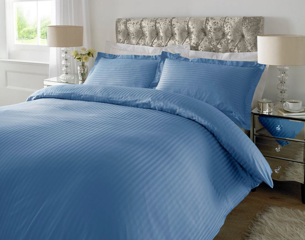 300 TC - 100% Cotton Sateen Stripe Duvet Cover Set Heritage Blue