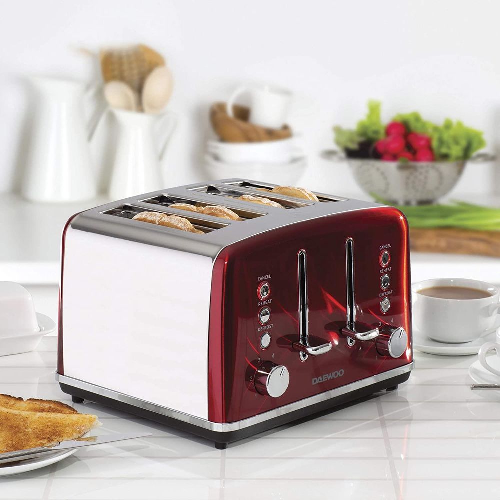 Daewoo Kensington 4 Slice Toaster Defrost Reheat Stainless Steel Red 1750W