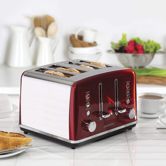 Daewoo Kensington 4 Slice Toaster Defrost Reheat Stainless Steel Red 1750W