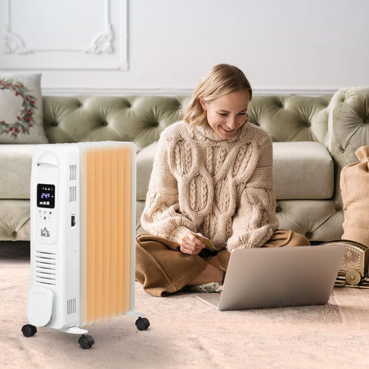 2180W Oil Filled Radiator, 9 Fin Portable Heater w, Timer Remote Control White